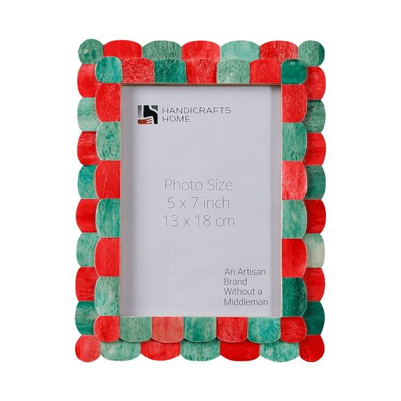 Handicrafts Home 5 by 7 Picture Frame, Green Red Scallop pattern Bone inlay Photo Frame for Wall & Tabletop, Boho Farmhouse Vintage Home Decor, Gallery Wall & Desk Decor, Family Frame Fall decor