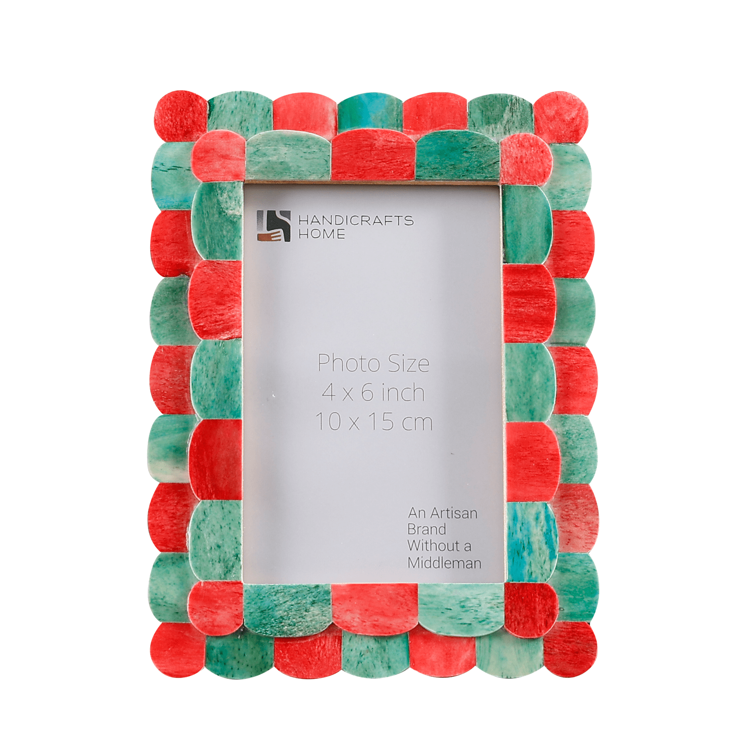 Handicrafts Home 4x6 Picture Frame, Green Red Handmade Scallop pattern Bone inlay Photo Frame for Wall & Tabletop, Farmhouse Vintage Home Decor, Gallery Wall & Desk Decor, Family Picture Frame