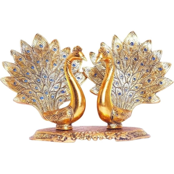 Handicrafts Metal Double Lovers Peacock Statue Showpiece Figurine Gift for Home Decor, Gold