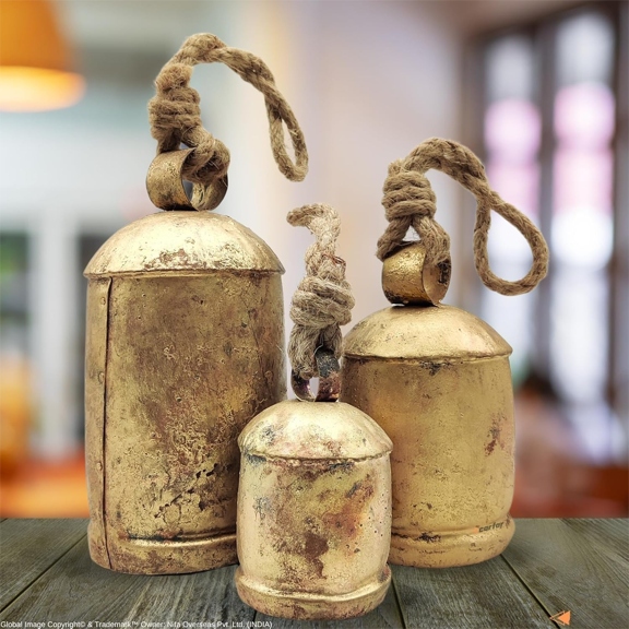 Handicrafts Vintage Rustic Metal Harmony Cow Bells Set of 3 Huge Rustic Christmas Handmade Bells On Jute Rope$$Home Decor, Kitchen, & Other