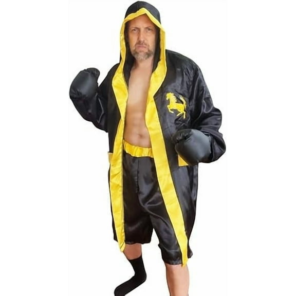 HandinHandCreations Champion Boxing Costume - Gloves Included - Stretchy Shorts - Robe with Stallion Logo - Gold Champ Belt - Adult Men Size