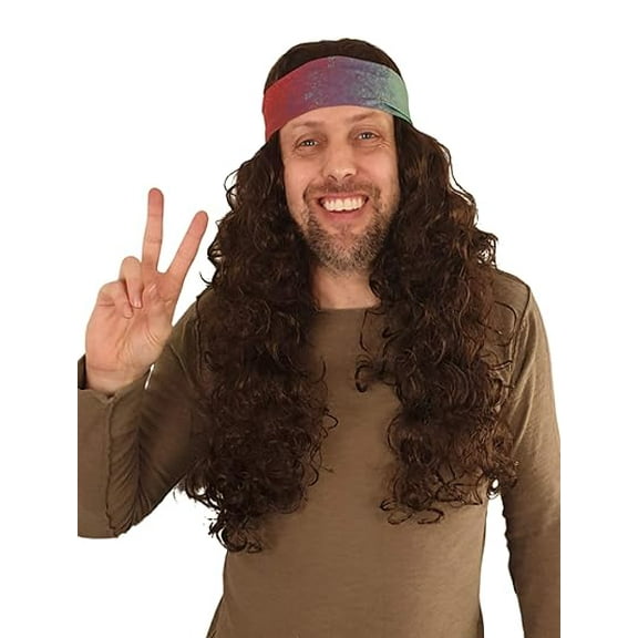 HandinHandCreations Hippie Wig Costume with Tie Dye Flex HeadBand 60s 70s Hippy Woodstock Festival Gear Brown