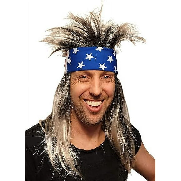 HandinHandCreations Mullet Rocker Spiky Wig with USA Bandana American Hippie Party Concert Costume Men and Women - One Size Fits All