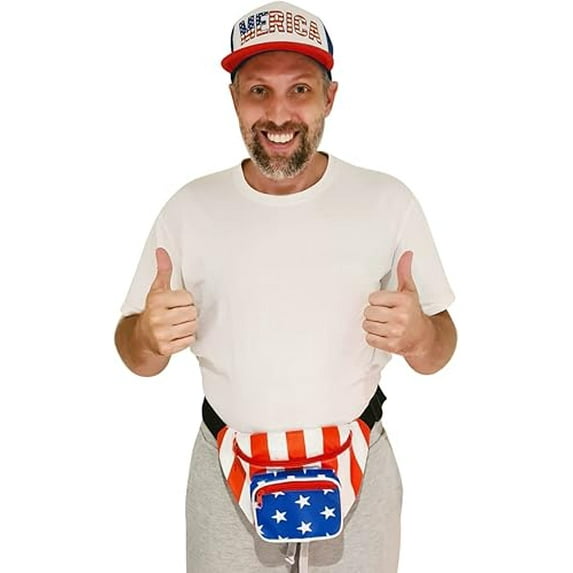HandinHandCreations USA All American Costume Set - Fanny Pack with Merica Hat - Everything Included - July 4th Country Party Costume Set