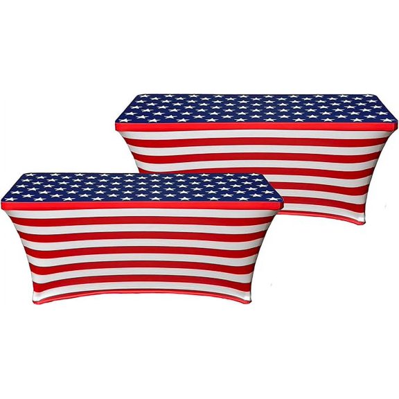 HandinHandCreations USA American Spandex 6FT Tablecloth 2 Pack - Washable, Fitted and Wrinkle Resistant Rectangular Table Cover for 4th of July, Memorial Day, America Party Celebration