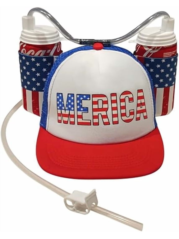 HandinHandCreations USA Merica Drinking Cap Adjustable Size Hat with Straw for Soda or Beverage Guzzler Drink Helmet - America Drinking July 4th Costume - All American Party Gear