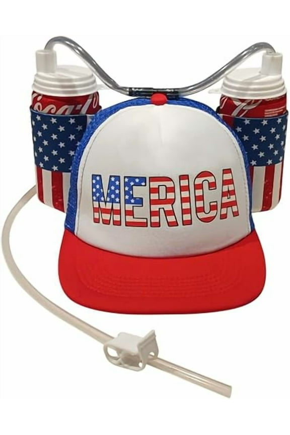 HandinHandCreations USA Merica Drinking Cap Adjustable Size Hat with Straw for Soda or Beverage Guzzler Drink Helmet - America Drinking July 4th Costume - All American Party Gear