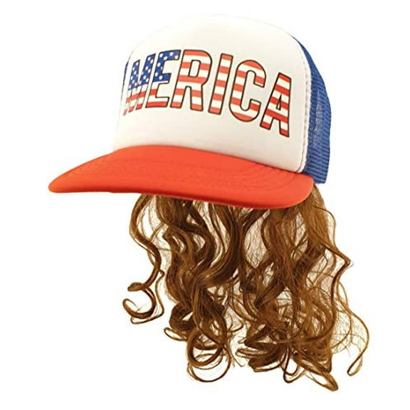 HandinHandCreations USA Mullet Hat Brown Wig Merica Redneck 4th of July All American Costume One Size Fits All - Cotton Hat