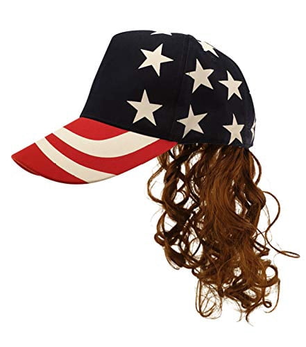Stars and Stripes Mullet Hat - USA Patriotic Costume Wig with Brown Hair Amazon.com: Yan Dream Men USA Mullet Hat Brown Wig with  main image 3