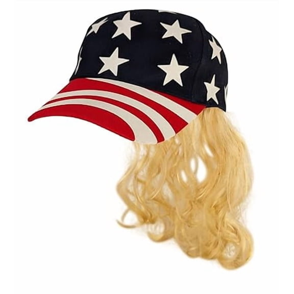 HandinHandCreations USA Stars and Stripes King Blonde Tiger Mullet Hat Wig Merica Redneck Exotic Wig