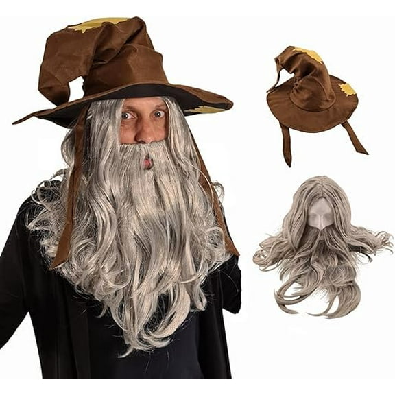HandinHandCreations Wizard Wig and Long Beard with Wizard Sorcerer Costume Hat - All Included