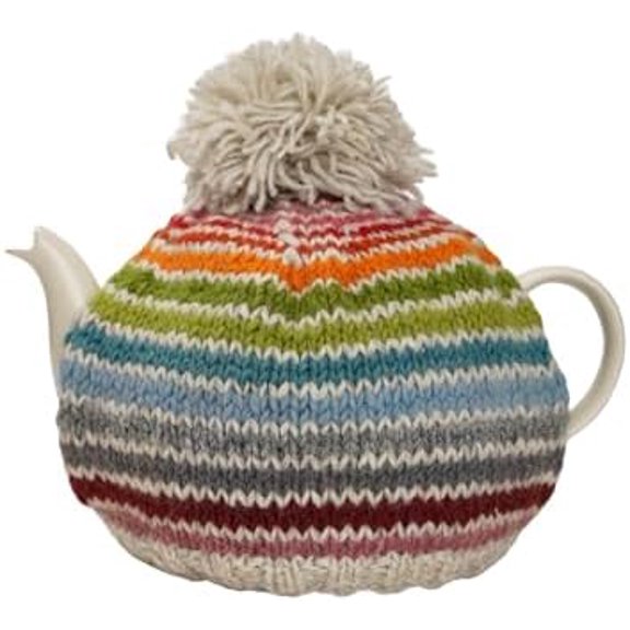 Handknitted Medium 4-6 Cup 1.2L Wool Tea Cosy Teapot Cover - Multicoloured Stripe Insulated Handmade Fair Trade Oatmeal$$Home Decor, Kitchen, & Other