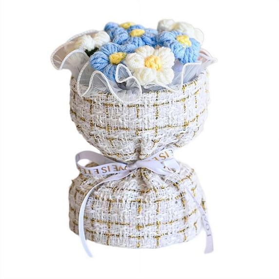 Handknitted Yarn Bundle, Completed Crochet Flower Bouquet Handmade Knitted Puff Flowers Bouquet Crochet Bouquet Kit Knitted Puff Yarn Flowers for Valentines Day Mother'S Day Birthday Wedding