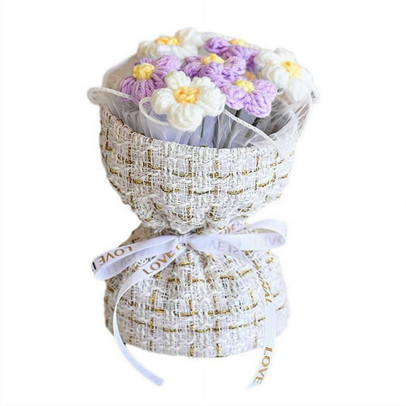 Handknitted Yarn Bundle, Completed Crochet Flower Bouquet Handmade Knitted Puff Flowers Bouquet Crochet Bouquet Kit Knitted Puff Yarn Flowers for Valentines Day Mother'S Day Birthday Wedding