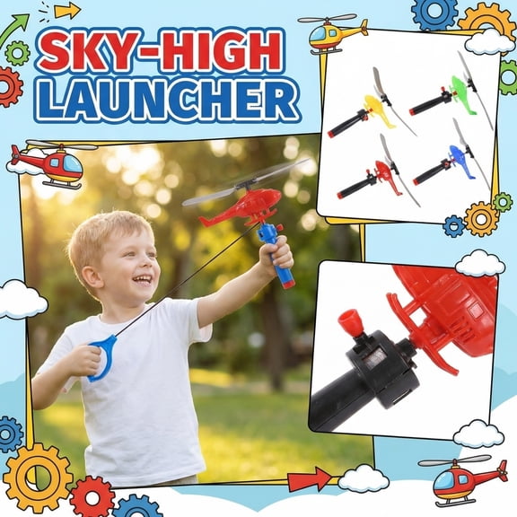 Handle Cable Powered Helicopter Outdoor Airplane Toy Pull String Flying Aircraft Set Impact Resistant Manual Launch Glider for Backyard Play Set of 4 (Randomly Selected Colors)