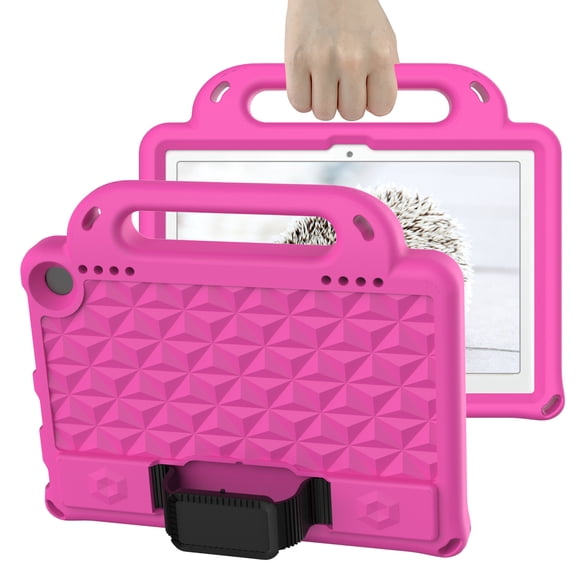 Handle Case for (10th Generation) Amazon Kindle Fire HD 8 Tablet & Fire HD 8 Plus Tablet, Shockproof Silicone Protective Case Cover with Shoulder Strap (Rose)