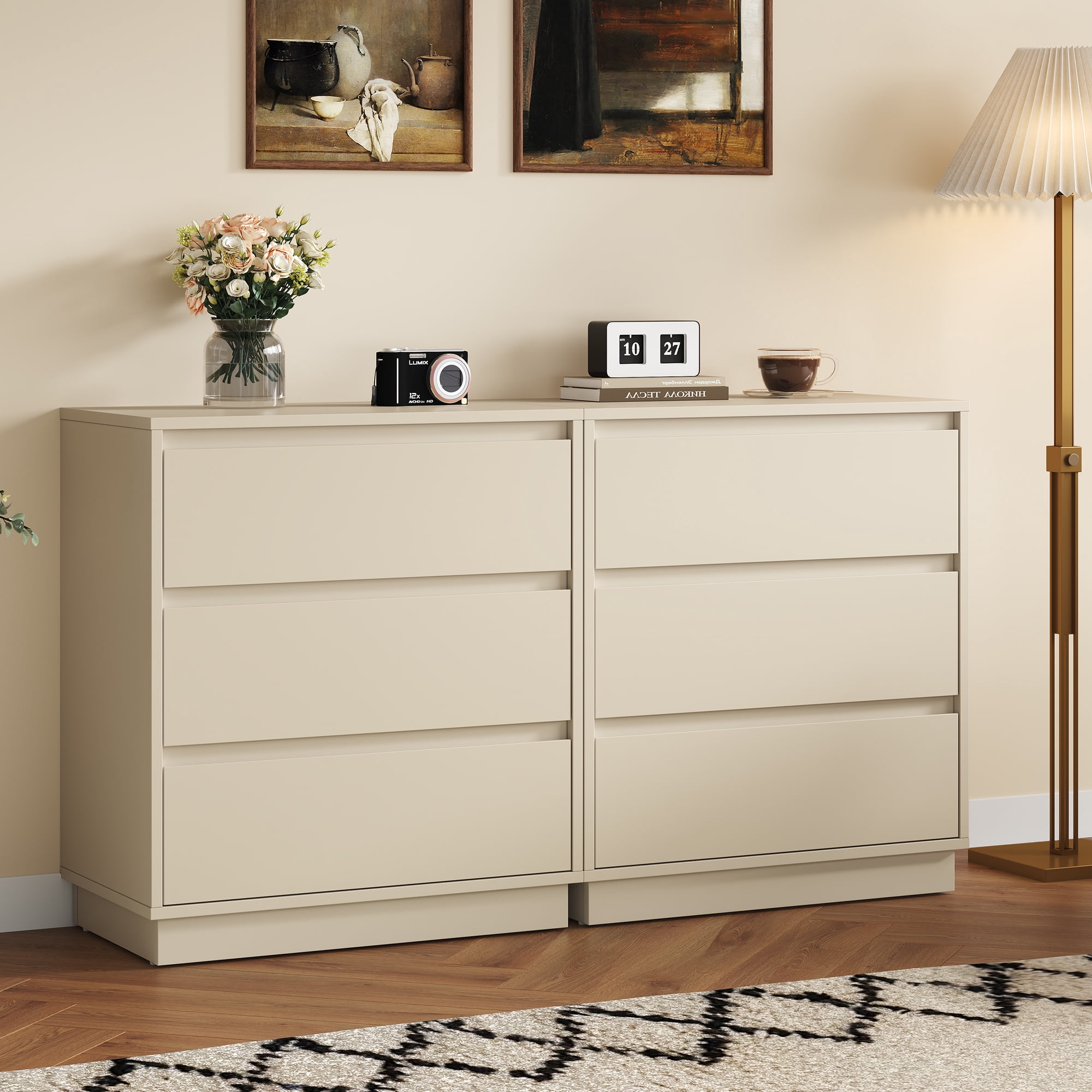 Handle-Free Wide Nightstand with 3 Drawers, P2 Grade MDF Side Table with Water Resistant Top, EPA TSCA Certified Modern Storage Cabinet for Bedroom Living Room Easy Assembly