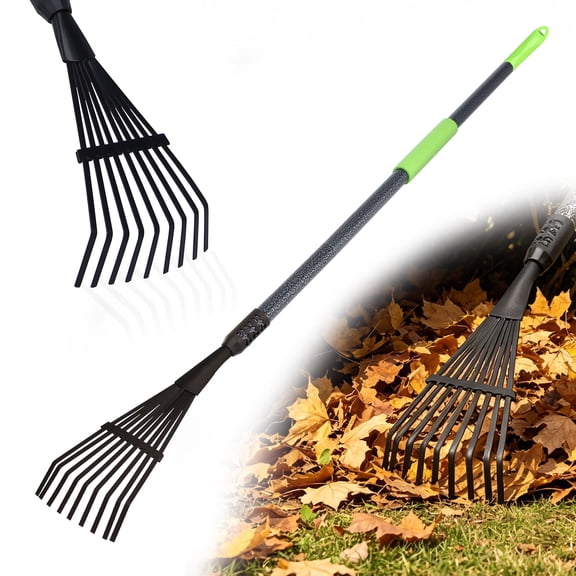 YARTTING Rake for Leaves, Small Garden Rake with Adjustable Long Handle, 9 Tines Metal Narrow Rake for Lawns Yard Flower Bed Mulch Shrub Outdoor Camping