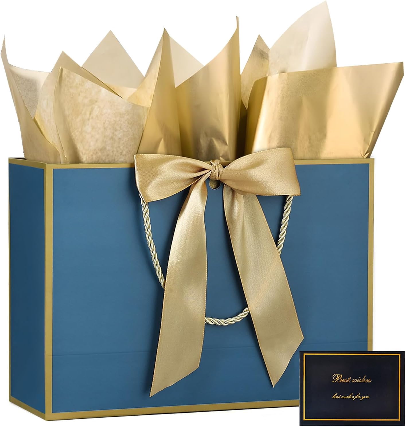 Handle gift bag, 13-inch medium gift bag, for gifts, 1 piece with 2 pieces of tissue paper and 1 greeting card, suitable for baby party, wedding, bride party, Mother's Day, birthday party (gold blue)