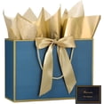 thumbnail image 1 of Handle gift bag, 13-inch medium gift bag, for gifts, 1 piece with 2 pieces of tissue paper and 1 greeting card, suitable for baby party, wedding, bride party, Mother's Day, birthday party (gold blue), 1 of 4