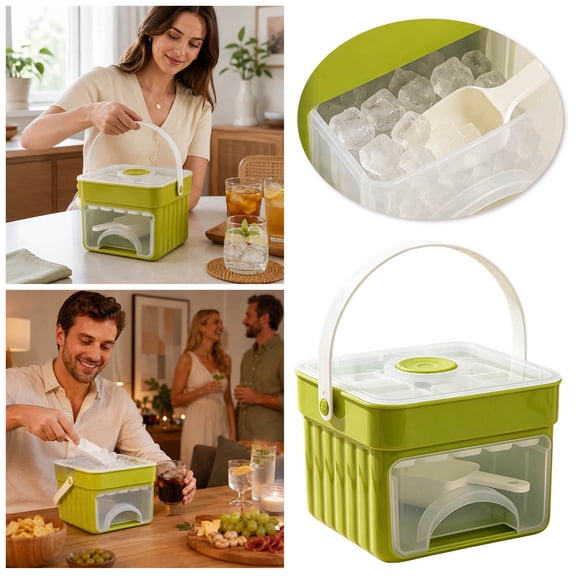 Handled Ice Cube Storage Bin Airtight Silicone Ice Tray With Scoop Drawer Stackable Freezer Ice Maker Container For Home Cold Drinks(Green-14Cm)
