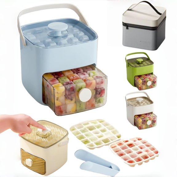 Handled Press- Ice Cube Tray, Portable 48 Compartment Press and Drop Type Ice Cube Maker System with Storage Bin Handle Large Capacity for DIY Whiskey Cocktail Beer