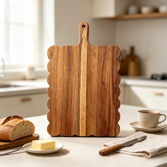 Handled Scalloped Acacia Wood Charcuterie Board, Wooden Serving Platter for Cheese, Steak, Fruit and Appetizers