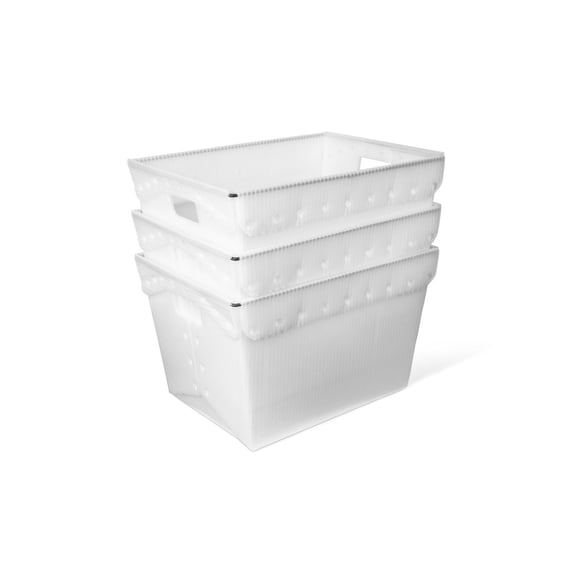 Handled Storage Container Mail Tote, steel reinforced shipping tote for package handling and organization, stackable nesting bins with comfort handles, White
