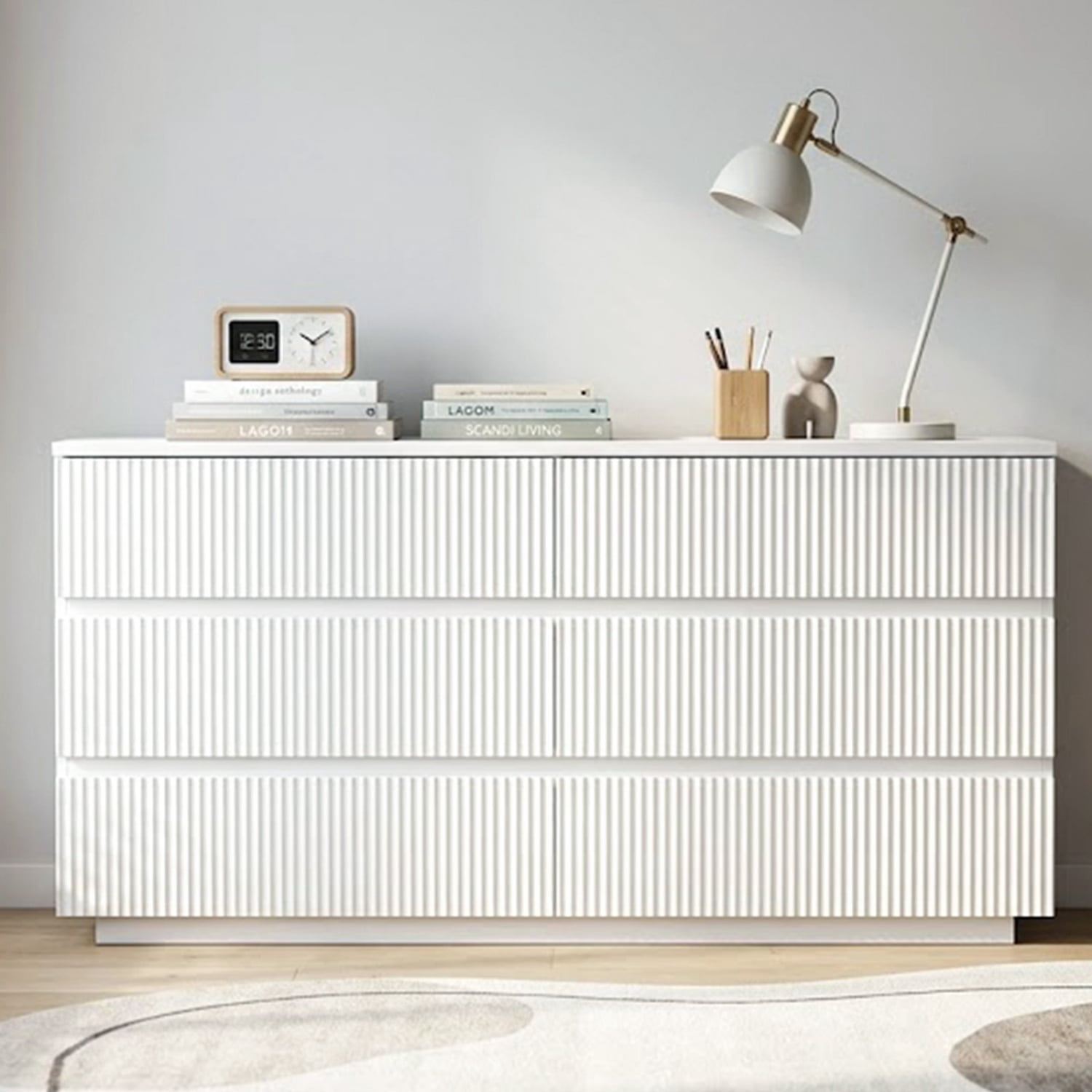 Handleless 6-Drawer Cabinet with Grille Finish P2 Particleboard + MDF & Melamine Veneer + Vacuum-Formed Storage Cabinet 55.12*15.75*27.95in White