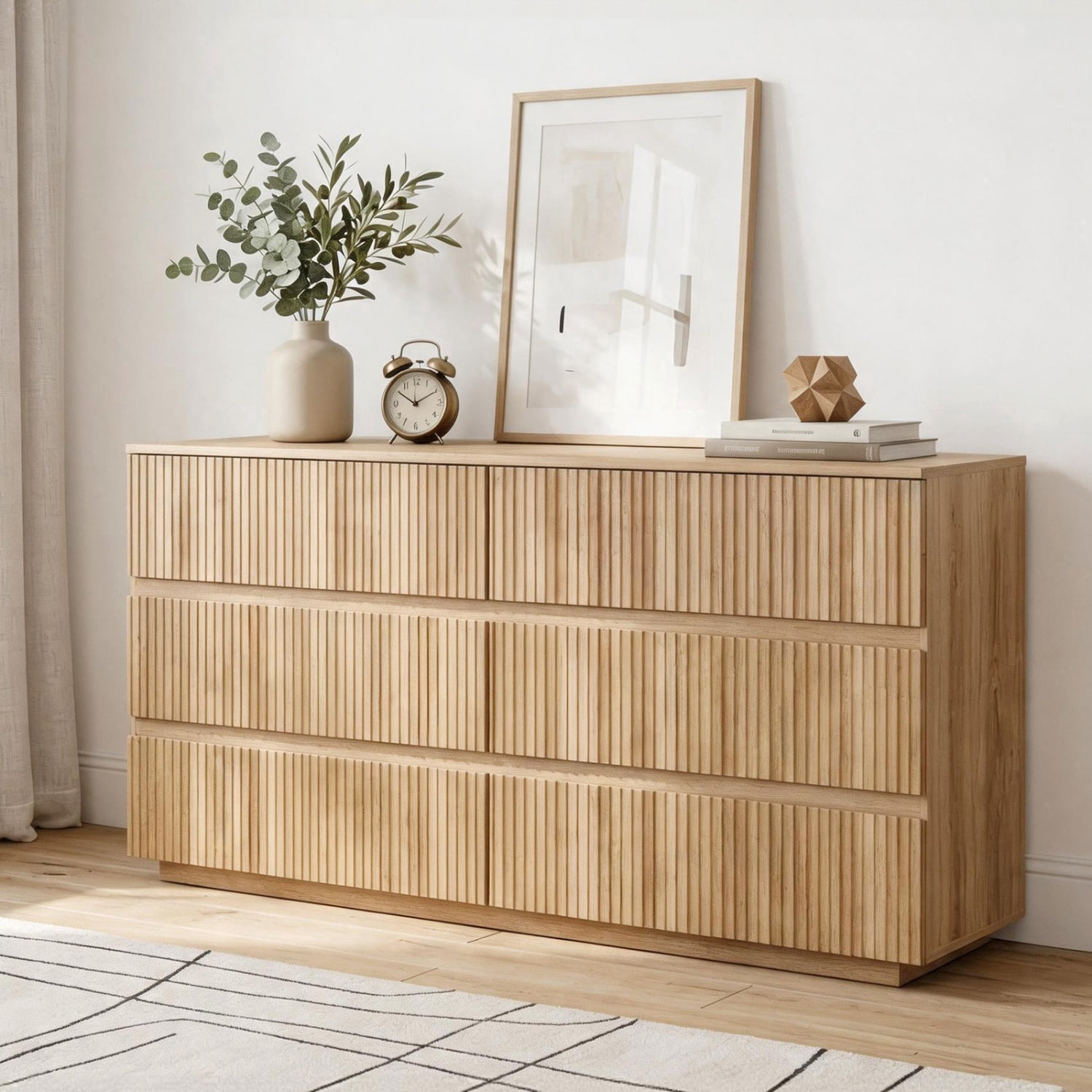 Handleless 6-Drawer Dresser with Grille Finish P2 Particleboard + MDF & Melamine Veneer + Vacuum-Formed Storage Cabinet 55.12*15.75*27.95in Oak