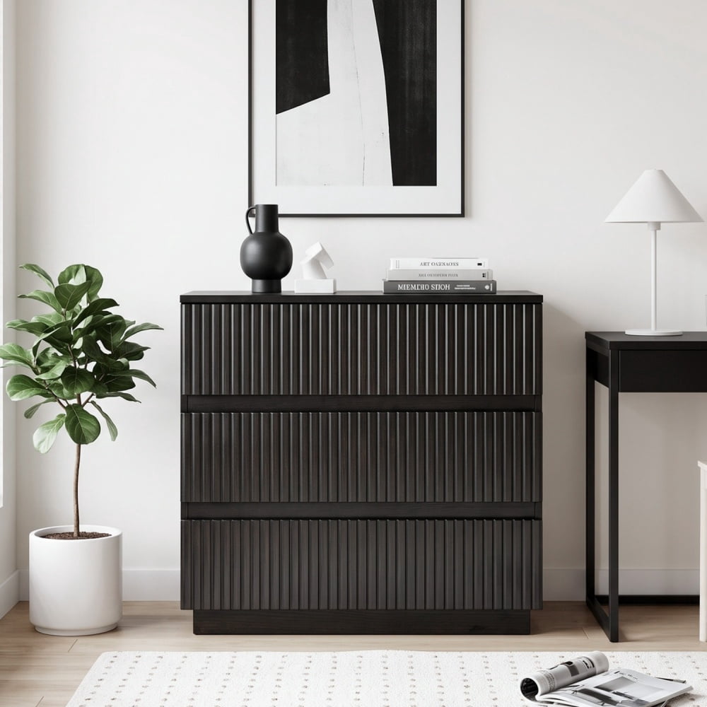 Handleless Grille-Finished 3-Drawer Bedside Table, P2 Particleboard + MDF & Melamine Veneer + Thermoformed Drawer Cabinet 23.62*12.99*22.05in Black