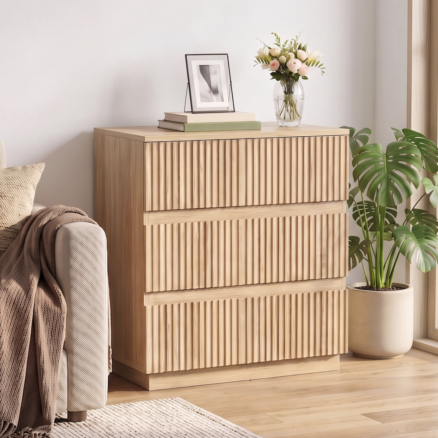 Handleless Grille-Finished 3-Drawer Bedside Table, P2 Particleboard + MDF & Melamine Veneer + Thermoformed Drawer Cabinet 23.62*12.99*22.05in Oak