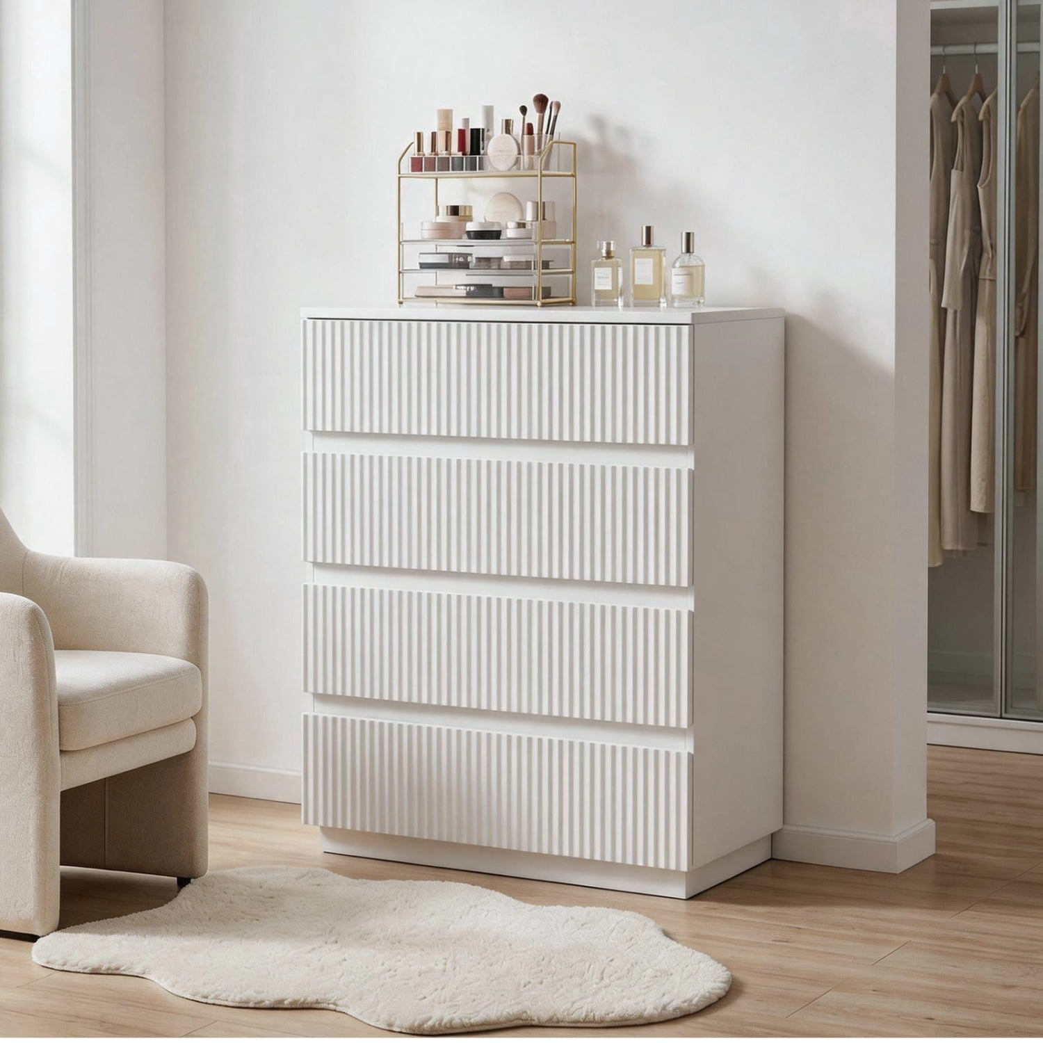 Handleless Grille-Finished 4-Drawer Bedside Table, P2 Particleboard + MDF & Melamine Veneer + Thermoformed Drawer Dresser 23.62*14.96*30.71in White