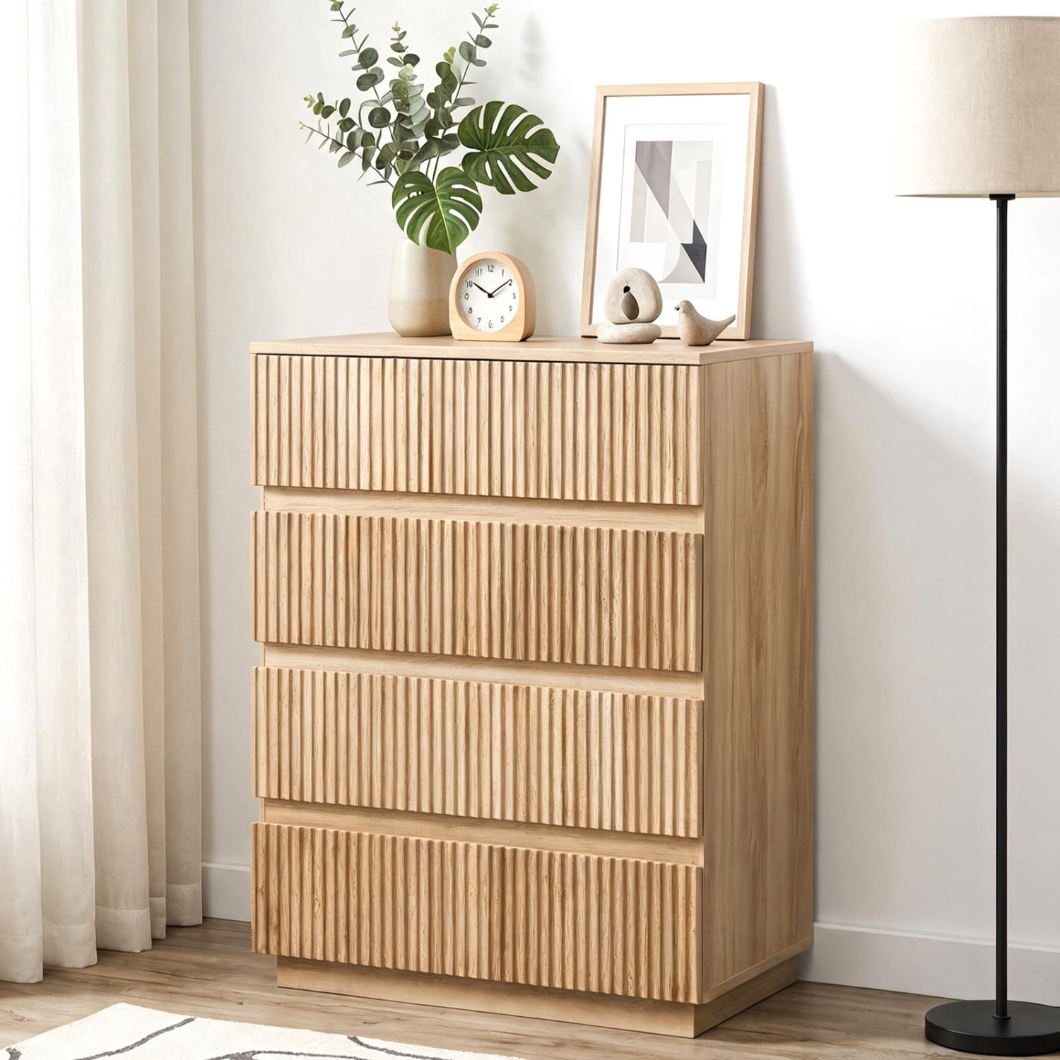 Handleless Grille-Finished 4-Drawer Bedside Table, P2 Particleboard + MDF & ,elamine Veneer + Thermoformed Drawer Dresser 23.62*14.96*30.71in Oak