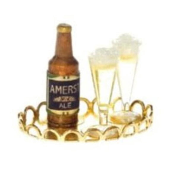 Handley House HR60013 Bottle of Beer on Tray with 2 Filled Pilsners for Dollhouse Miniature