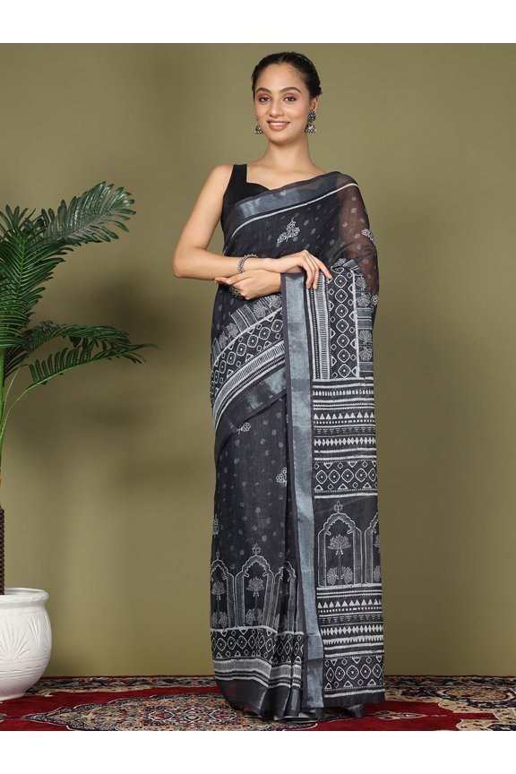 Handloom Cotton Saree With Ethnic Motifs And Subtle Elegance – Black