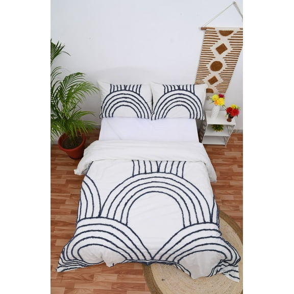 HandloomBazzar Half Blue Ronud Cotton Duvet Cover Bedding Set with Zip Closure and Corner Ties - Luxurious Comforter Cover Set for Home Décor, Over Size 120" x 120" Inches