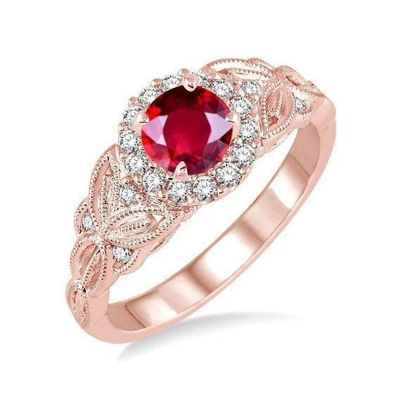 Handmade 1.75 Carat Red Ruby 6mm Round Cut And Moissanite Diamond Engagement Ring in 10k Rose Gold for Women