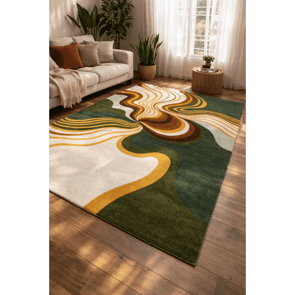 Handmade 100% Wool Abstract Area Rug – Modern Green & Gold Wavy Design Carpet for Living Room, Bedroom & Hallway by Knot Rugs – Multiple Sizes (2x3 to 13x17 ft, Round & Runner Options)