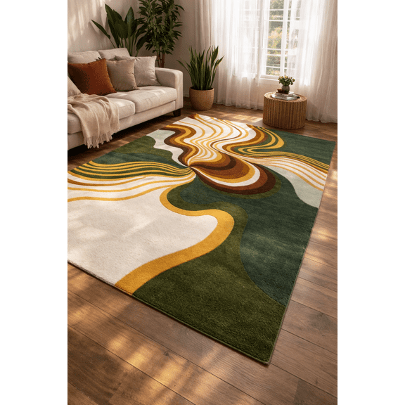 Handmade 100% Wool Abstract Area Rug – Modern Green & Gold Wavy Design Carpet for Living Room, Bedroom & Hallway by Knot Rugs – Multiple Sizes (2x3 to 13x17 ft, Round & Runner Options)