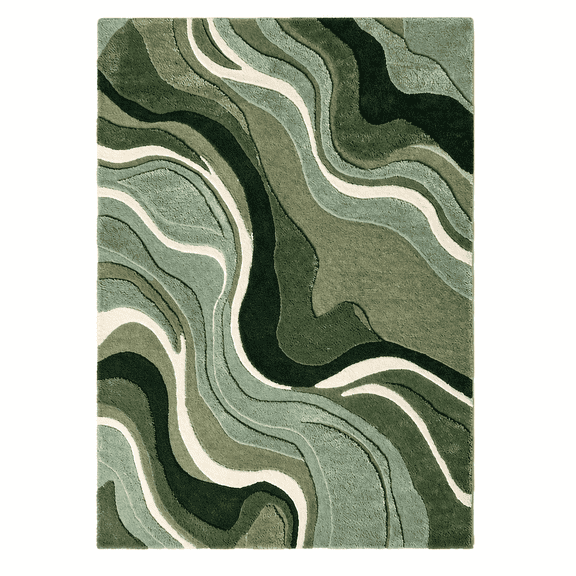 Handmade 100% Wool Area Rug – Modern Abstract Green Wave Design, Soft Premium Handcrafted Rug for Living Room, Bedroom & Contemporary Home Décor