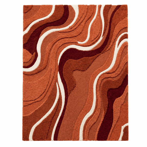 Handmade 100% Wool Area Rug – Modern Abstract Rust & Terracotta Wave Design, Soft Premium Handcrafted Rug for Living Room, Bedroom & Contemporary Home Décor