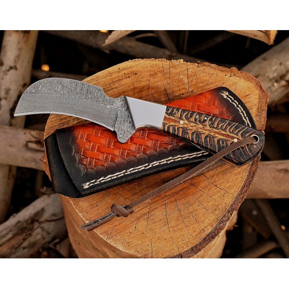 Handmade 1095 Steel Lineman’s Hawkbill Knife with Leather Sheath