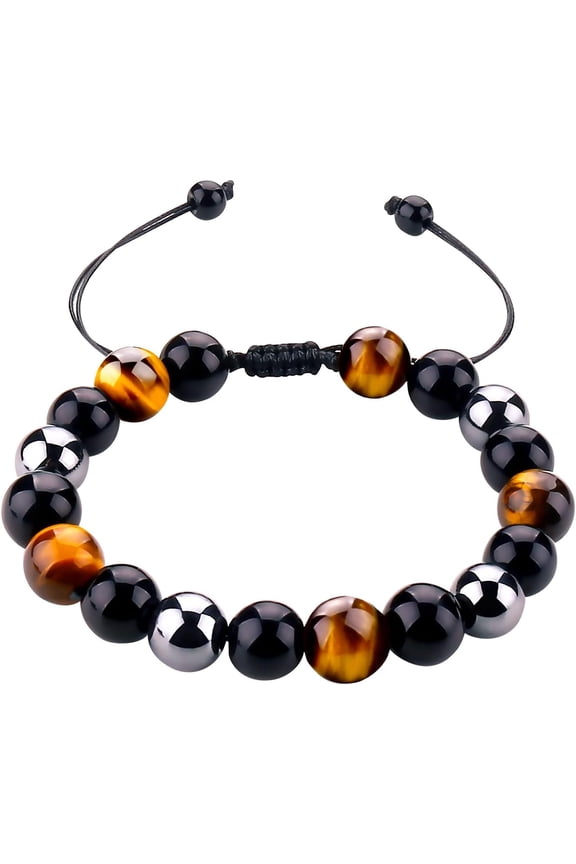 Handmade 10MM Healing Crystal Bead Men Bracelet Triple Protection Bracelet for Men Women Tiger Eye Bracelet Men with Black Obsidian Hematite