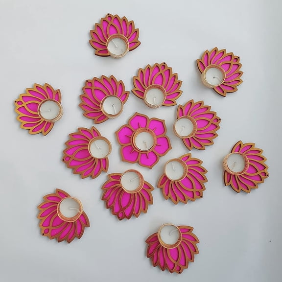 Handmade 13 Pc Smooth Scented Pink Lotus Flower Diya Rangoli Candles With Wax For All Festival