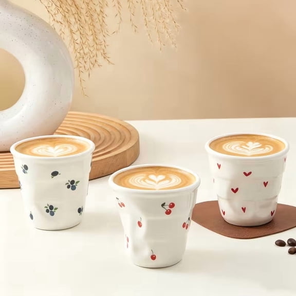 Handmade 155ml Ceramic Coffee Cup Irregular Design Heart Blueberry Cherry Pattern Dishwasher Microwave Safe Small Espresso Cup