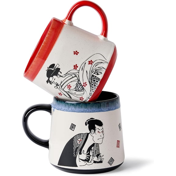 Handmade 15oz Japanese Ukiyo-e Large Ceramic Coffee Mug, Artistic Pottery Big Tea Cup for Office & Home, Microwave & Dishwasher Safe (Samurai & Geisha)