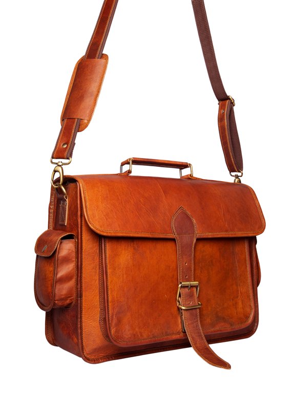 Handmade 18 inch Brown Leather Laptop Crossbody Bag with Large Pocket