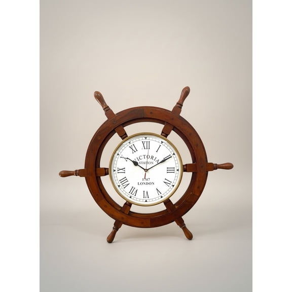 Handmade 24" Wooden Ship Wheel Wall Clock Antique Nautical Maritime Clock Decor