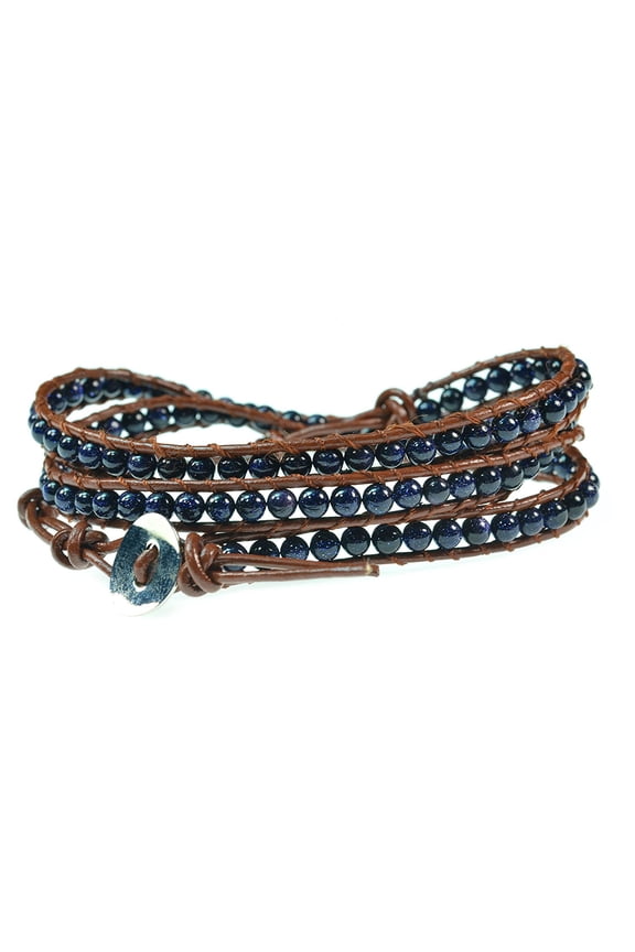 Handmade 26" Blue Sandstone on Geniune Brown Leather Wrap Bracelet
